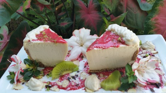 Key Lime Cheesecake with Raspberry, Amaretto, Coconut Sauce
